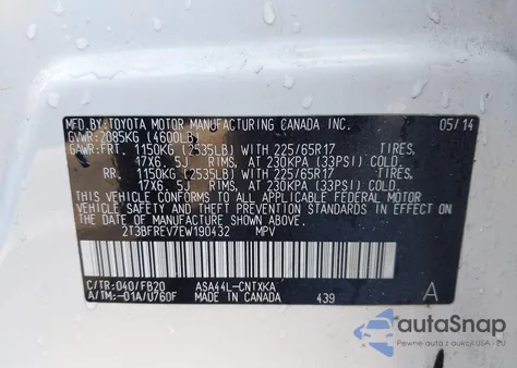 2014 Toyota Rav4 Le из США, поврежденный, VIN 2T3BFREV7EW190432